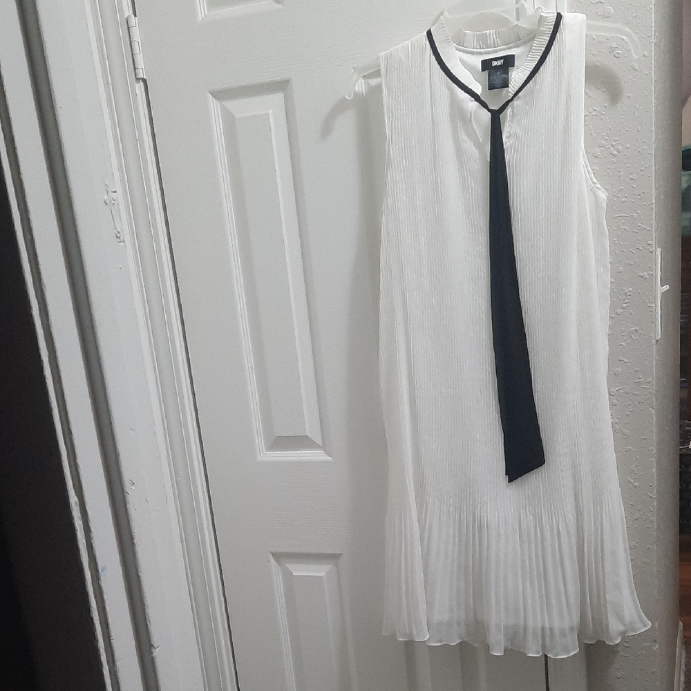 DKNY White Pleated Top with Black Tie Detail